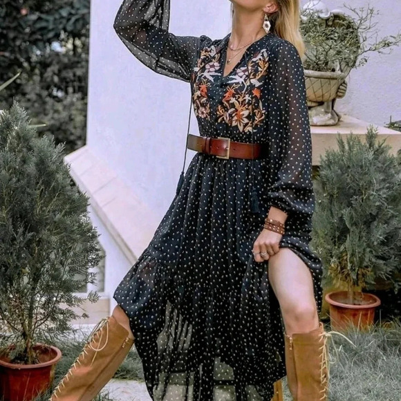 Fringe Tie Neck Shirred Waist Floral Embroidery Dot Dress - Picture 1 of 5